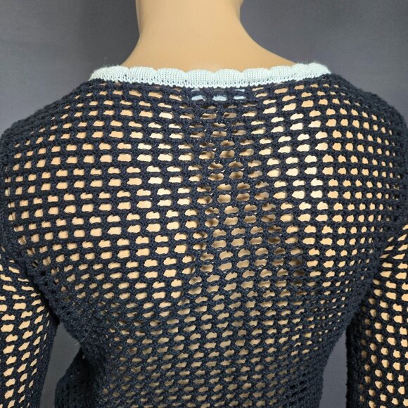 Y2K Black Crochet Fitted Cardigan White Trim Size S Retro Mod Dark Coquette - Picture 10 of 11